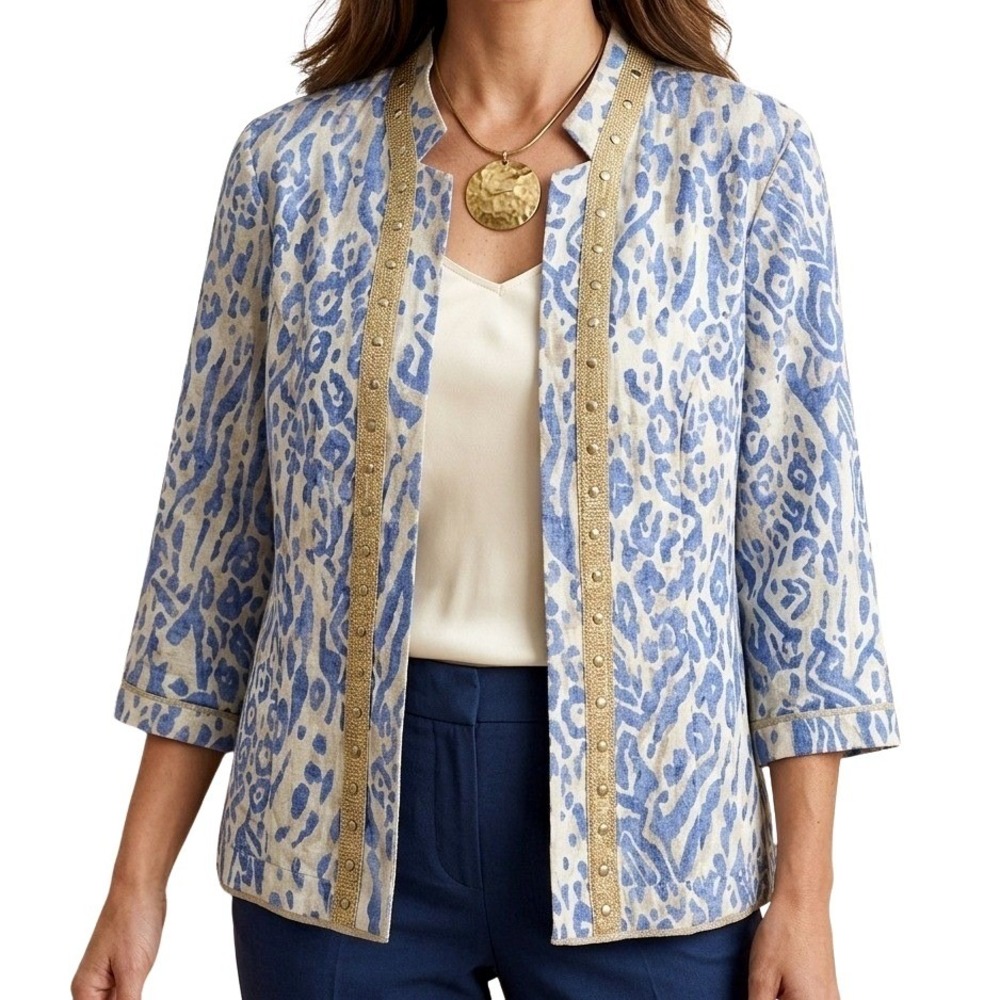 Chico's Blue Open Front 3/4 Sleeve Studded Animal Linen Preppy Jacket 1 Medium‎